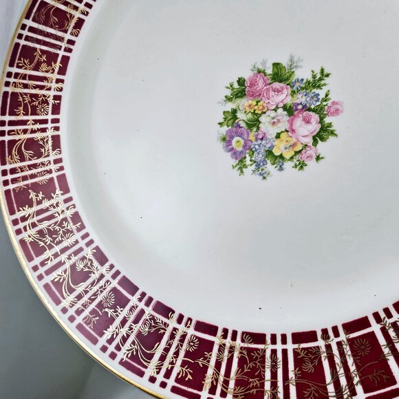 Homer Laughlin Piccadilly Dinner Plates 10" 3pc red rim gold floral center 1942 - Picture 8 of 9